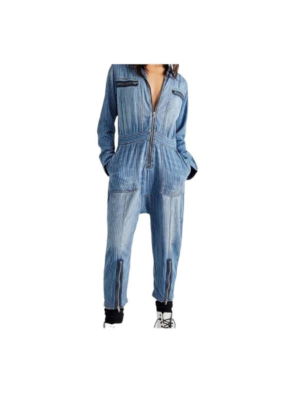 Free People x Sandrine Rose Women  Indigo Striped  Denim Jumpsuit Long - Picture 13 of 13